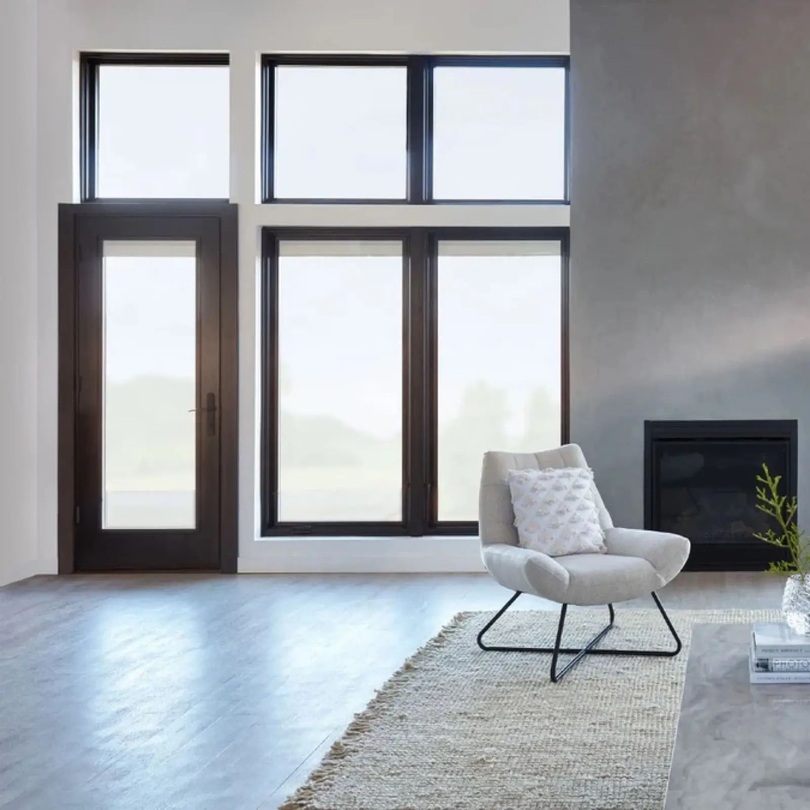 Black-framed hinged patio doors opening to the outdoors
